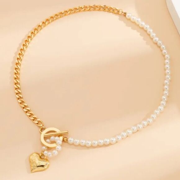 Pearl Necklace with Toggle Clasp Heart Link Chain Choker Pearl Jewelry - Picture 9 of 11